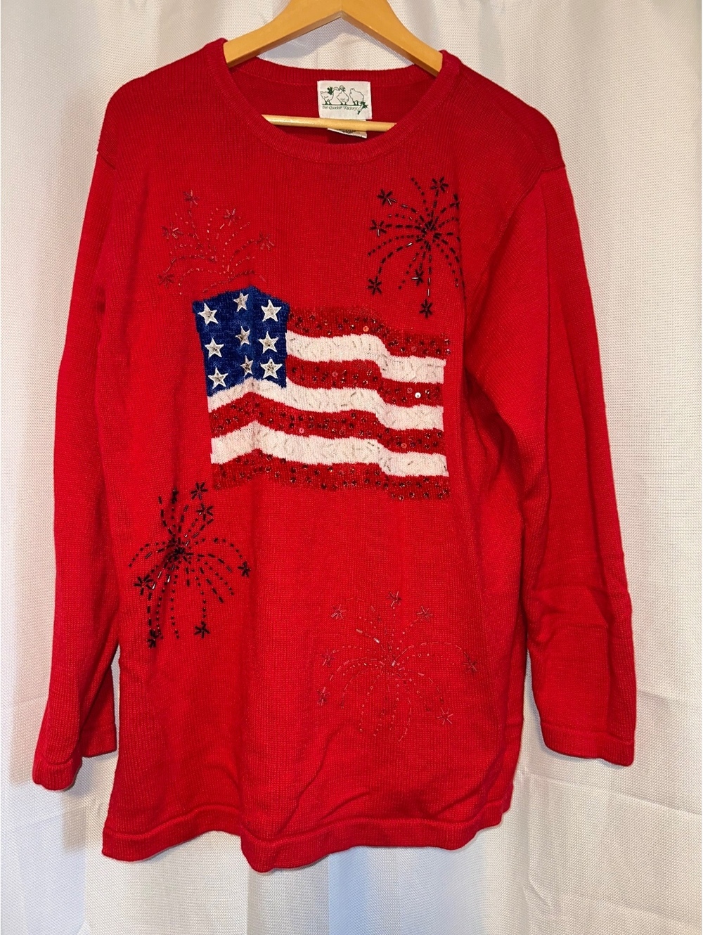 VTG Quacker Factory American Flag & Fireworks Ugly Grandma Sweater L